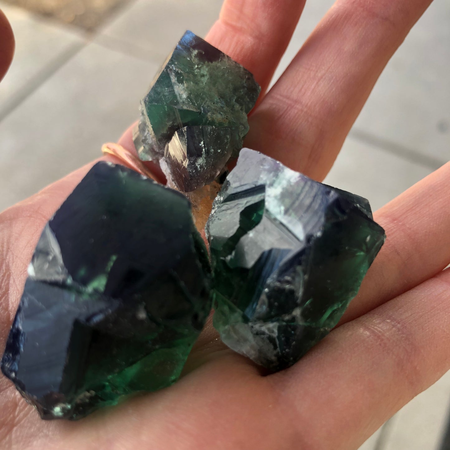 A hand holds three rough, dark green gemstones from The Crystalary's AUCTION- Fluorite collection, sourced from the renowned Diana Maria Mine in Frosterly Weardale Co., Durham, England. Their jagged surfaces and varied transparency evoke a sense of precious treasures, set against a blurred background of pavement.