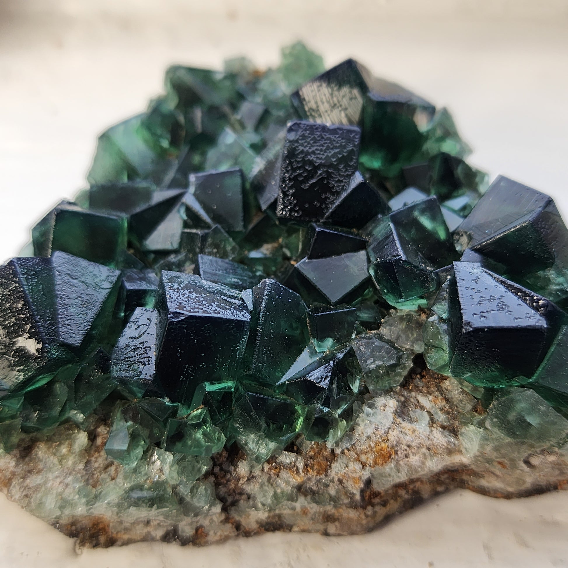 A close-up photograph of a Fluorite- Greedy Hog Pocket specimen from the Diana Maria mine in Co. Durham, England, by The Crystalary. The well-formed dark green fluorite crystals exhibit a shiny, reflective surface with cubic shapes and are clustered on a rough, rocky base.