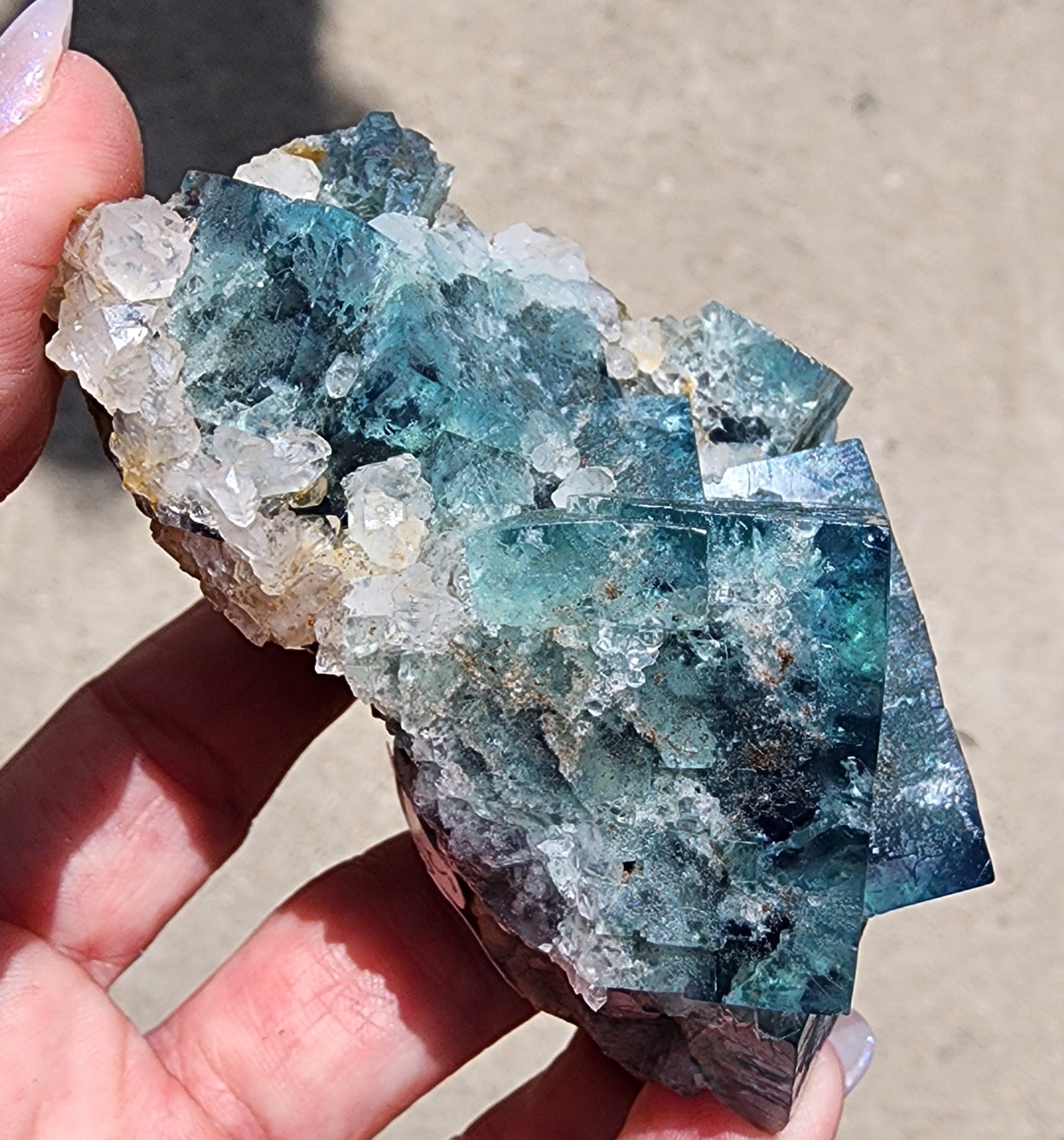 A close-up of a hand holding a large, partially translucent mineral specimen from The Crystalary's "Fluorite- Supernova Pocket," featuring cubic blue-green fluorite crystals amidst white and clear quartz crystalline formations. The background is a light-colored surface that is slightly out of focus. This unique piece hails from the Diana Marie Mine in Weardale, Co. Durham, England.