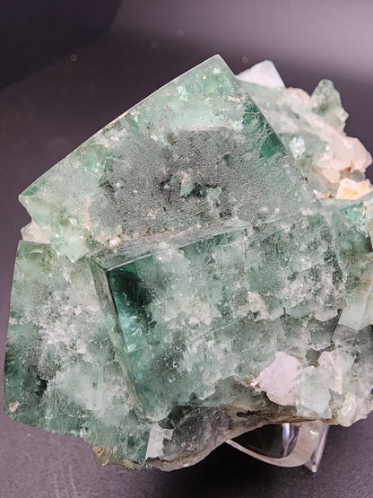 A close-up of a cluster of pale green Fluorite - Supernova Pocket crystals from the Diana Marie Mine in Weardale, Co. Durham, England. The transparent, glassy texture and distinct cubic shapes with well-defined edges stand out prominently against the dark background, giving them an almost supernova-like brilliance. This stunning specimen is available from The Crystalary.