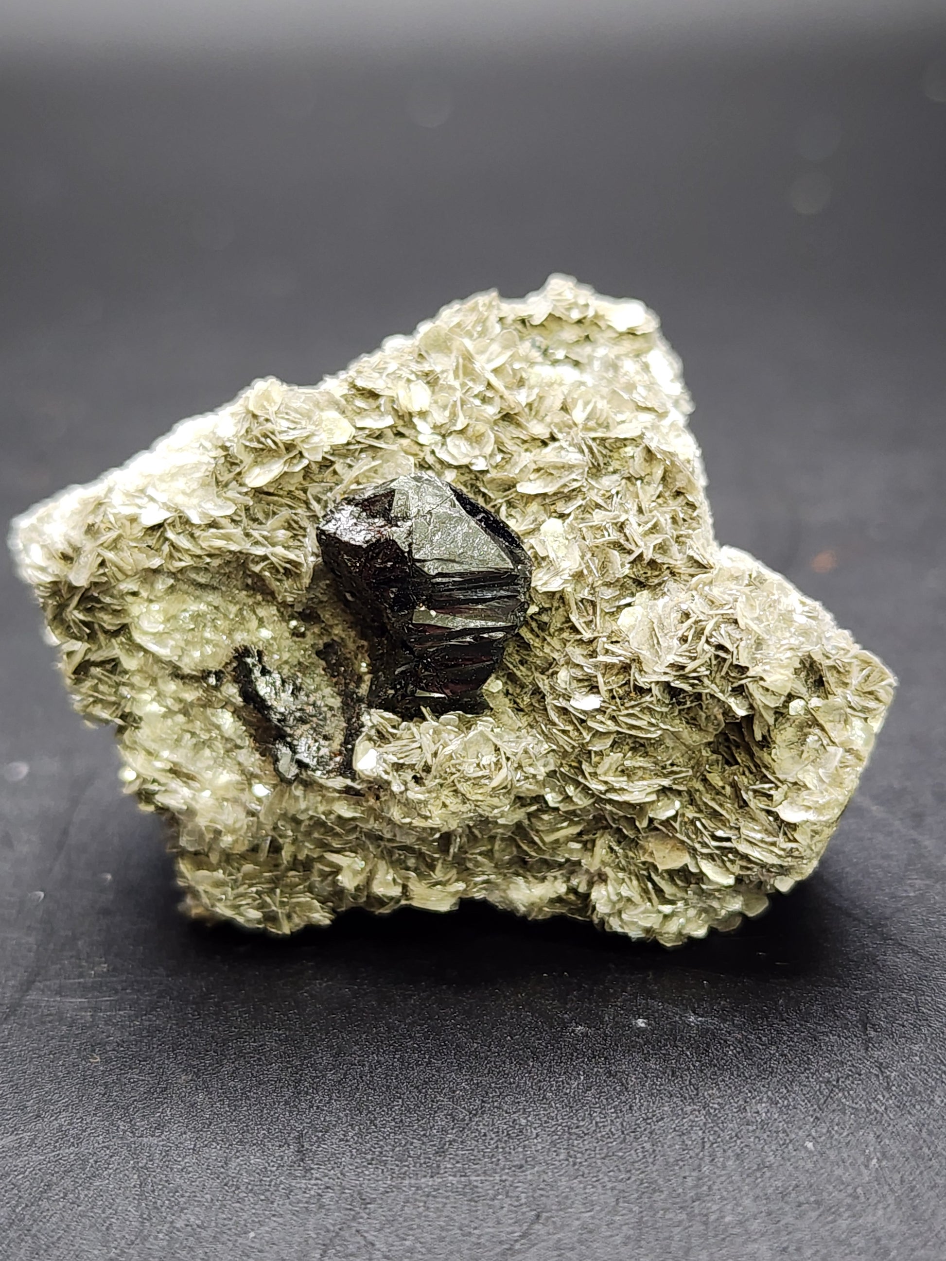 A mineral specimen from The Crystalary's AUCTION collection features a sparkling, pale tan crystalline surface from Pingwu Co., Mianyang, Sichuan, China, adorned with a prominent, glossy black schorl crystal embedded in mica. It is perched against a dark, neutral background that highlights the intricate textures and glossiness of the crystals.