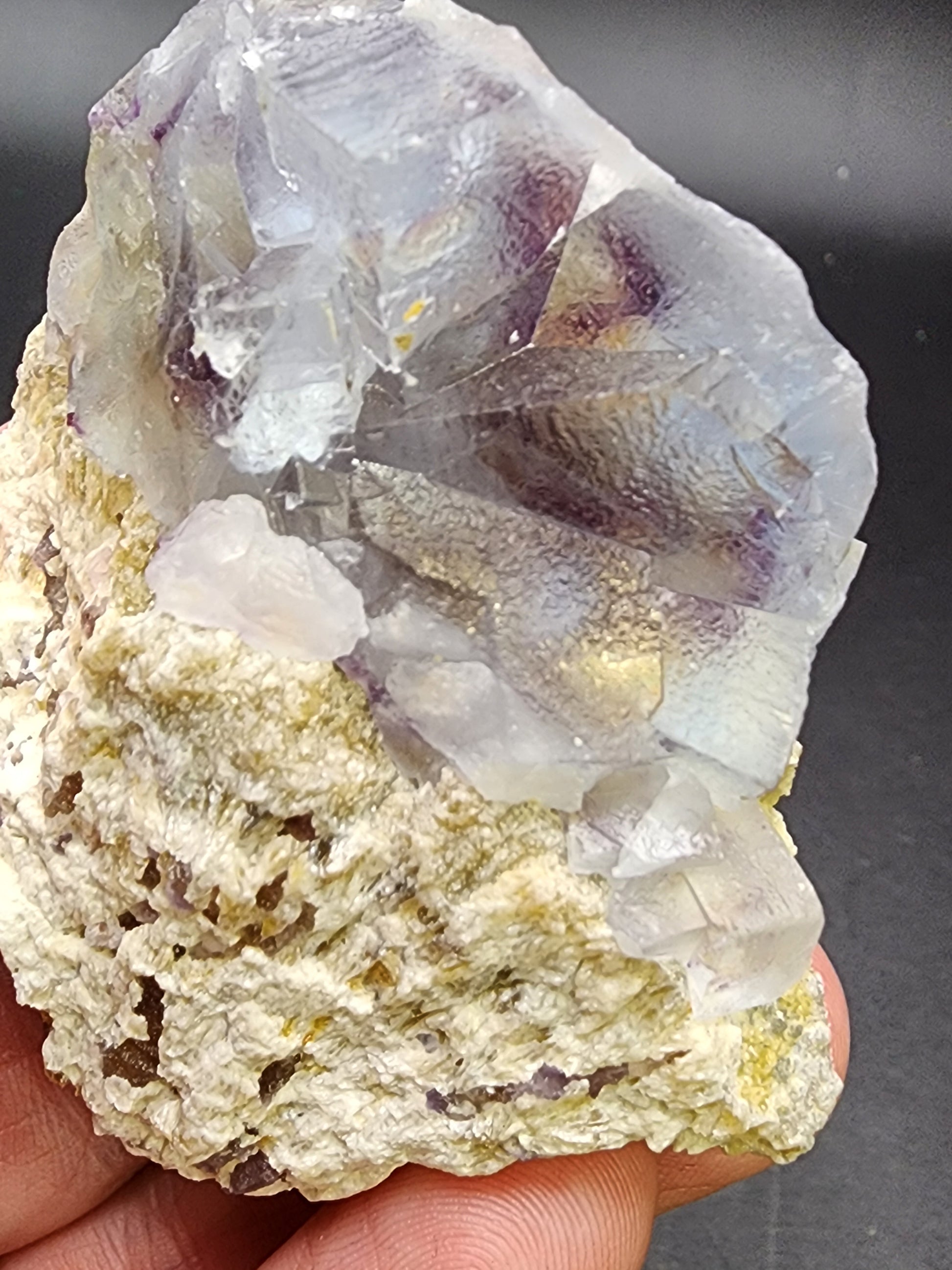 A close-up photo of a hand holding an AUCTION Fluorite specimen from the Yindu Mine in Hexigten Banner, Chifeng City, Inner Mongolia, China. This mineral crystal from The Crystalary appears light purple with translucent and slightly white patches, standing out against the darker background. The lower part of the specimen has a rugged, pale beige texture.