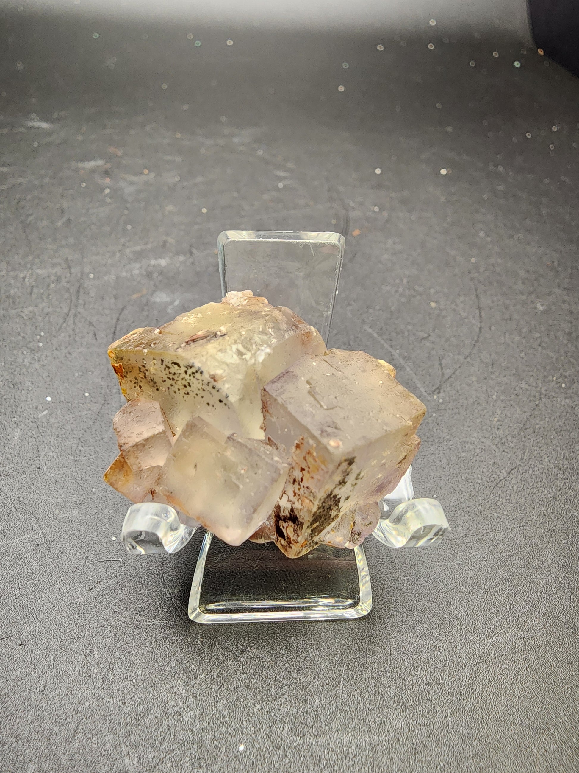 A cluster of transparent cubic crystals with speckled brown inclusions, sourced from the El Hammam Mine in Morocco, sits on a clear plastic stand against a dark gray backdrop. The well-defined cubic formations showcase multiple facets and slight variations in color and texture. This exquisite piece, named AUCTION Fluorite by The Crystalary, hails from the renowned Ait Mimoune Caïdat locality in the Khémisset Province within the Rabat-Salé-Kénitra Region of Morocco.