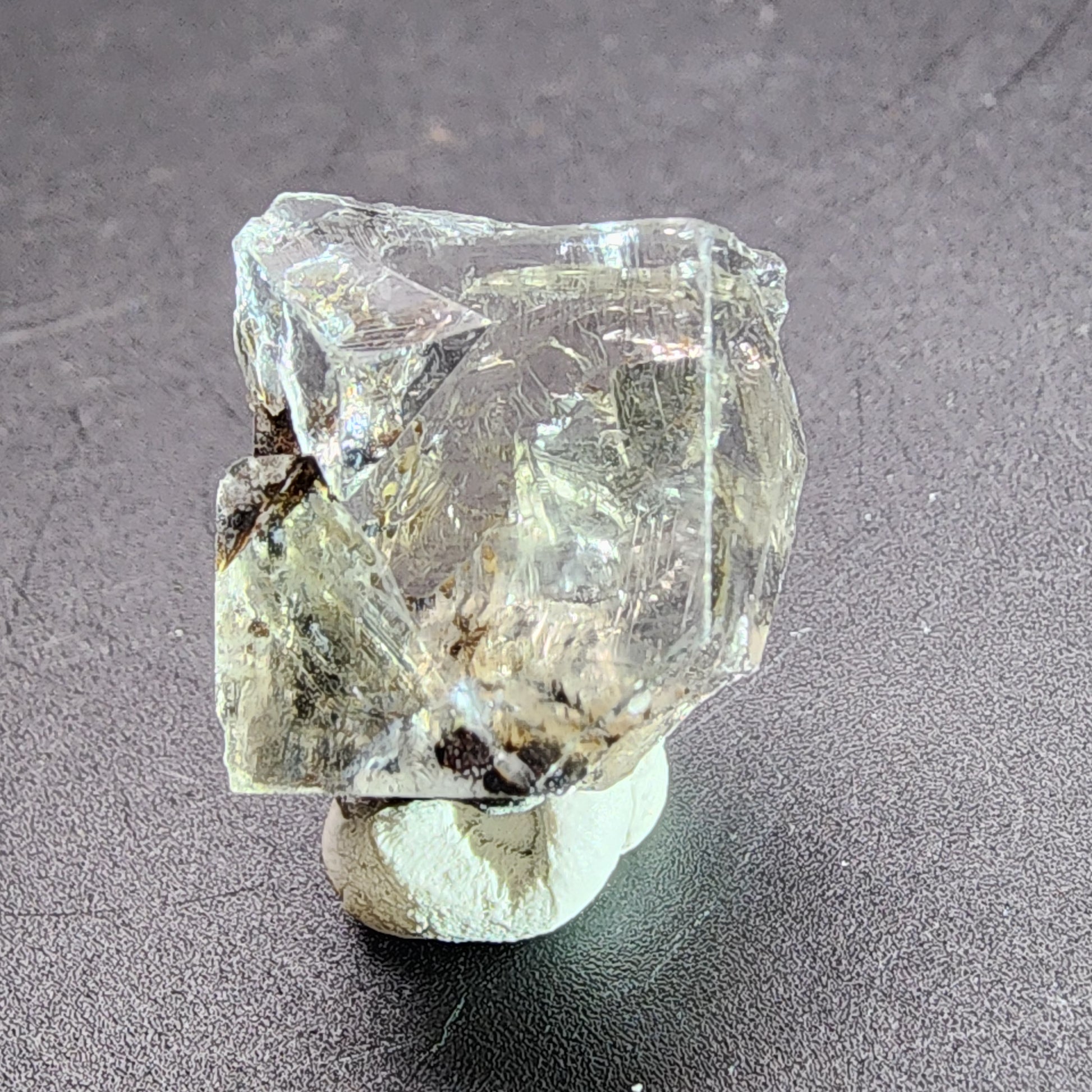 A detailed close-up photo features the rough, translucent AUCTION Fluorite gemstone with a pale, slightly yellow hue from The Crystalary. This irregularly shaped stone is positioned on a small mound of white putty against a dark surface to help it stand upright. Sourced from the Bull Vein at the Lady Annabella Mine in Eastgate, Weardale, Co. Durham, England, this unique gem is showcased effectively for display.