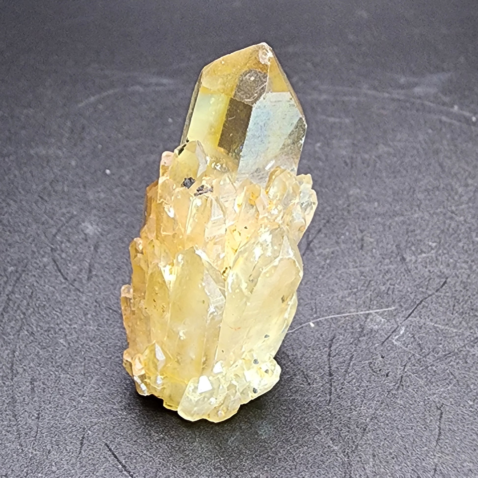 A clear, pale yellow Kundaline Citrine quartz crystal cluster from Lwena, Katanga, Democratic Republic of Congo, offered by The Crystalary, with a prominent single terminated point is displayed against a dark background. This stunning piece exhibits various mini points clusters and intricate textures that reflect light and showcase its natural, rough beauty.