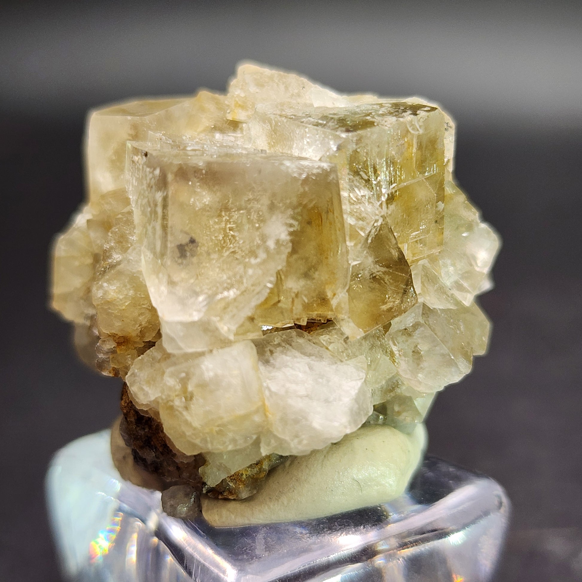 A close-up photograph of The Crystalary's AUCTION Fluorite from the Bull Vein in the Lady Annabella Mine, Eastgate, Weardale, Co. Durham, England, showcasing a cluster of translucent, blocky crystals. The mounted cluster specimen is elegantly perched on a small, square display stand with a blurred background. The crystals exhibit a shiny and reflective surface.