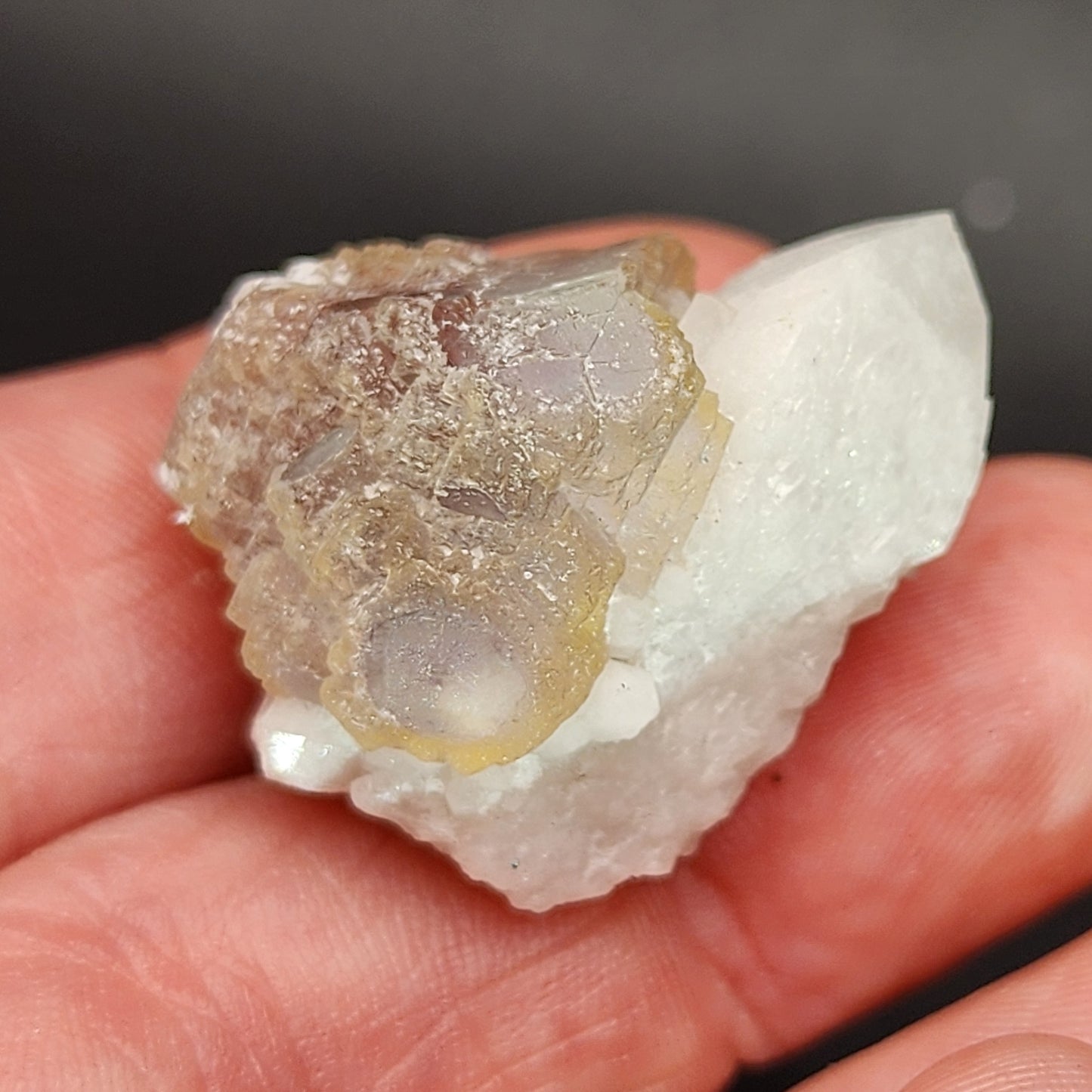 A close-up of a hand holding a small, translucent crystal with a mix of milky white and brownish hues. The crystal, likely AUCTION Fluorite from Huanggang, Hexigten Banner, Chifeng city in Inner Mongolia and available from The Crystalary, has a rough texture and irregular shape that highlights its natural formation. The blurred background emphasizes the details of the crystal.