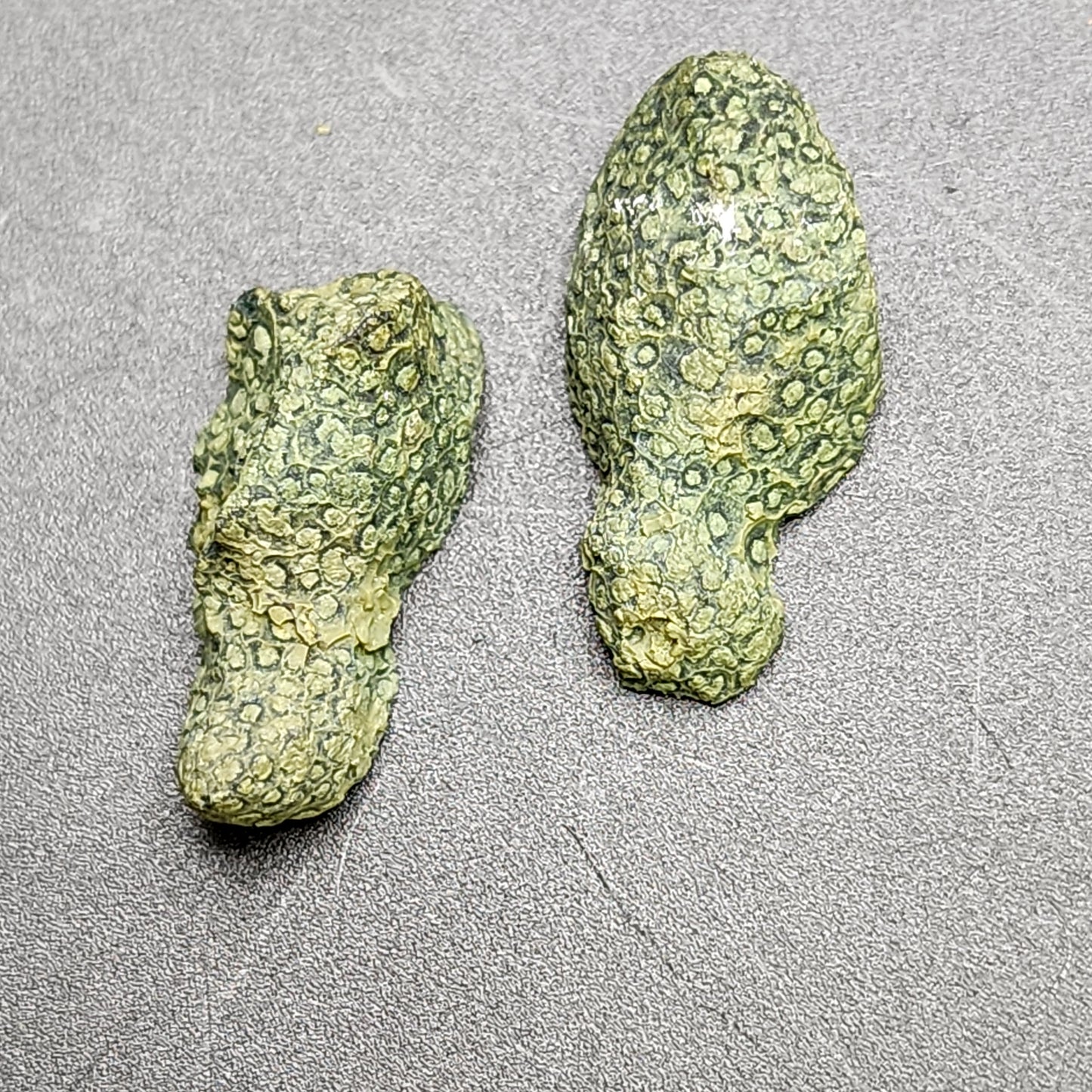 Two greenish, textured objects from The Crystalary's AUCTION collection of Tabasco Geodes from Tabasco, Mexico, are placed on a gray surface. With their rough, bumpy exterior and irregular shapes, they resemble geological formations from the Ojuela Mine. The background is a flat, neutral color that emphasizes the details of these intriguing objects.