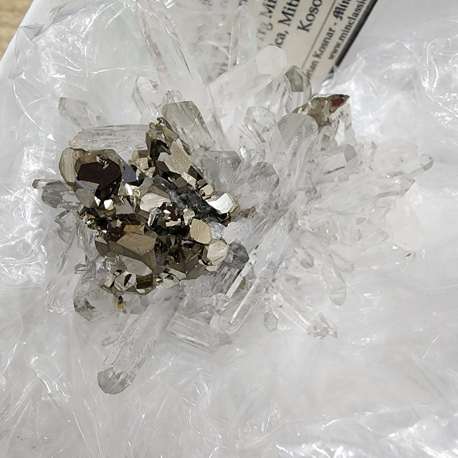 A cluster of clear quartz crystal points from The Crystalary is interspersed with metallic pyrite formations. The crystals are set against a crinkled, translucent white background. Part of a label or brochure for the product "LIVE- vineyardguy- 9/26/2024" is partially visible in the top right corner, adding an intriguing element to the display.