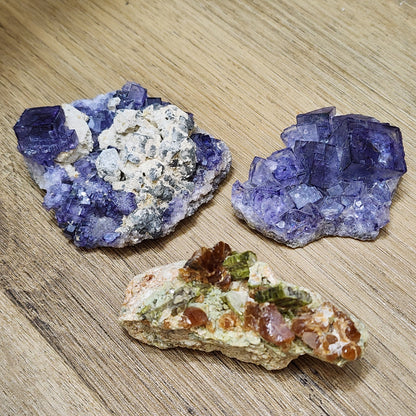 Three mineral specimens from The Crystalary's LIVE- vineyardguy- 9/27/24 collection are displayed on a wooden surface. Two of these feature dark purple cubic crystals, likely garnet, while the third showcases reddish-brown and green elongated crystals of diopside on a lighter, rough matrix.