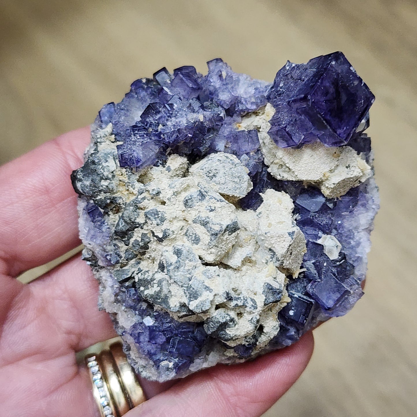 Close-up of a hand holding a cluster of purple fluorite and white calcite crystal minerals from The Crystalary's LIVE- vineyardguy- 9/27/24 collection. The cubic formations of the fluorite contrast beautifully with the rough, unevenly distributed calcite. Adorning the middle and ring fingers are two gold rings, accentuated by specks of garnet embedded within the crystals.