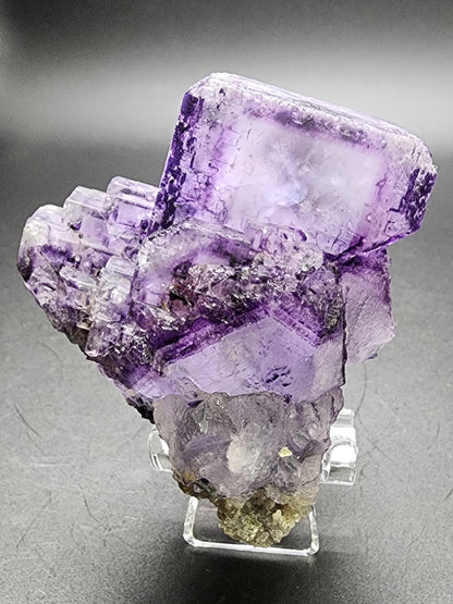 A group of Fluorite crystals from Larkin's Quarry in Connemara, proudly displayed on a clear stand by The Crystalary, showcases beveled cube formations and a translucent appearance with vibrant color against a plain dark background.