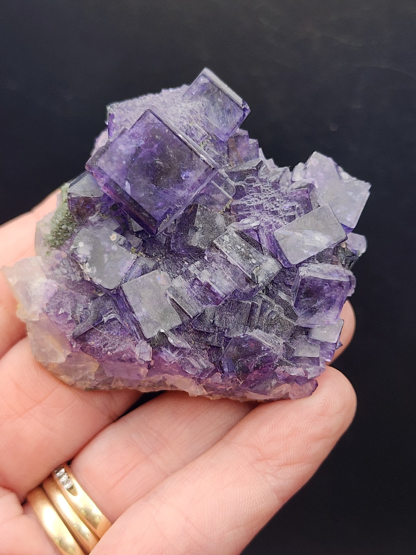 A hand displays a medium cluster of radiant purple fluorite crystals from The Crystalary's collection, sourced from Larkin's Quarry in Shannapheasteen, Costelloe, Connemara, Galway County. Set against a dark background, the high-luster cubes exhibit sharp edges and a translucent quality that captivates the eye.