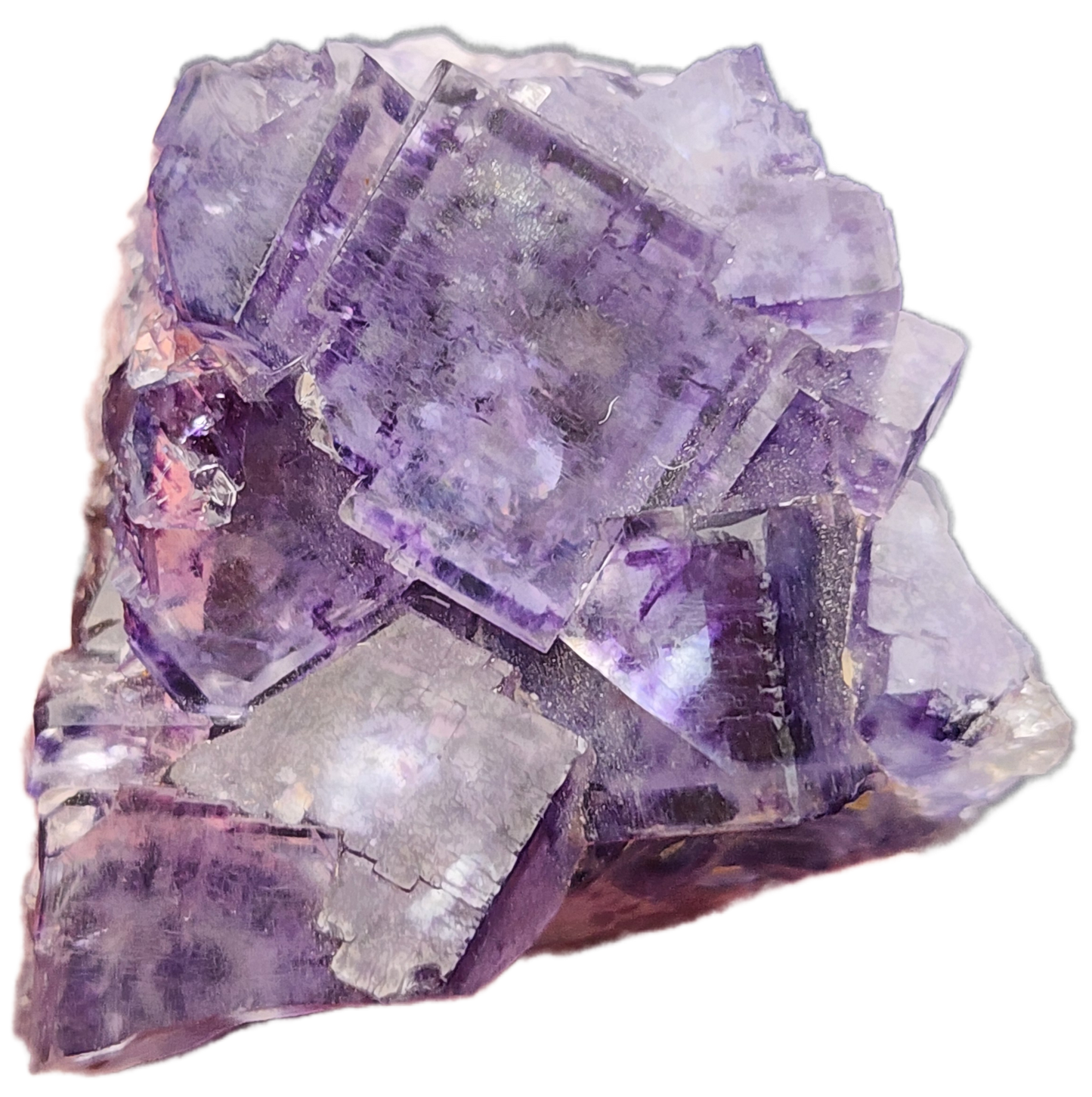 A close-up of the Fluorite from The Crystalary, sourced from Larkin's Quarry in Shannapheasteen, Costelloe, Connemara, Galway County, Connacht, Ireland (sku3001), showcases its distinctive cubic shapes and translucent appearance. The crystals display a glossy finish with varying shades of purple and hints of white, creating an effect reminiscent of stained glass.