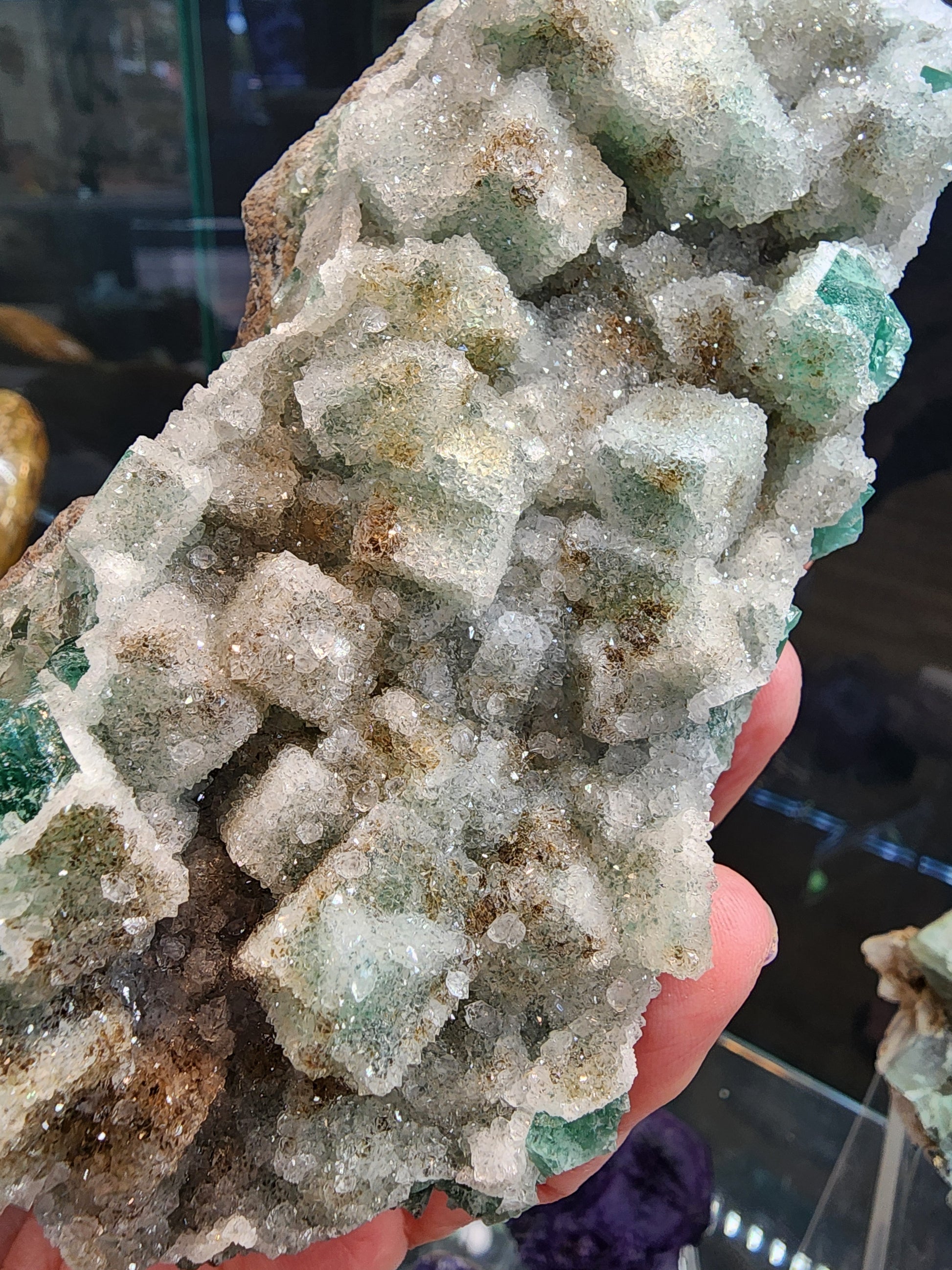 A close-up shot captures a hand holding the Fluorite with Quartz- Druzy Dreams Pocket from The Crystalary, featuring cube-like structures. This specimen from the Rogerley Mine in Weardale, England, sparkles under natural light, showcasing its vibrant green and white shades along with intricate textures.