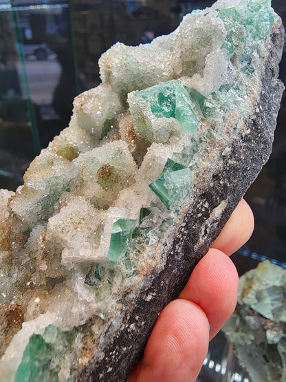 A close-up showcases a hand holding the Fluorite with Quartz - Druzy Dreams Pocket from The Crystalary, featuring vivid green crystal formations on a dark, rough base. These translucent, angular fluorite crystals from Rogerley Mine in Weardale, Co. Durham, England are nestled among smaller glittering crystals. The softly blurred background enhances the specimen's allure.