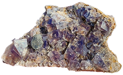 A cluster of Fluorite crystals from the Smoky Rabbit Pocket at the Diana Maria Mine, featuring various sizes and sharp edges, rests on a plain background. The translucent crystals reflect light beautifully and showcase some earthy inclusions—making it an ideal cabinet specimen from The Crystalary.