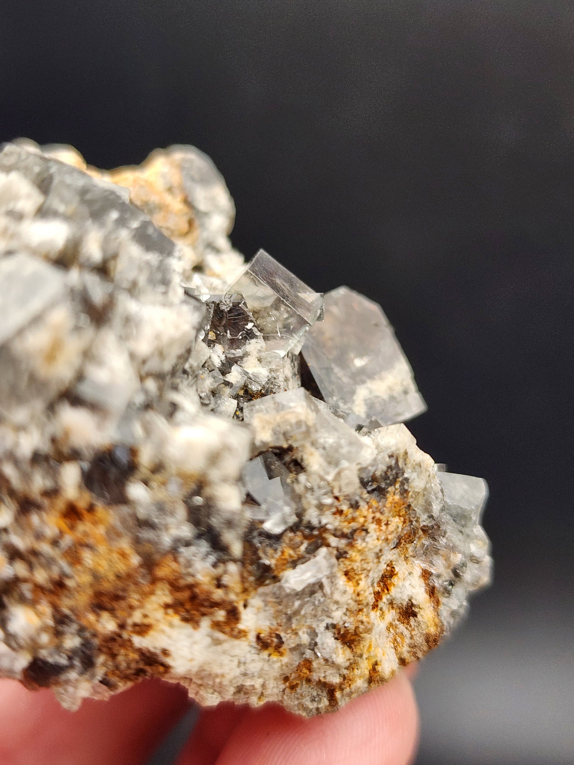 A close-up captures a hand holding the Fluorite- Smoky Rabbit Pocket from the Diana Maria Mine in Weardale, England, offered by The Crystalary. The specimen showcases clear, angular crystal formations on a rocky surface with translucent crystals featuring patches of brown and white. The backdrop is a plain dark grey.