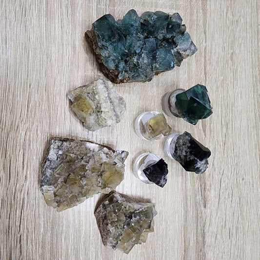 An assortment of mineral crystals from The Crystalary is elegantly displayed on a wooden surface, echoing the treasures of a River Catcher. This collection features green, yellow, and clear crystals, some set on transparent stands, each presenting unique textures and formations reminiscent of a gnome's hidden gems—a perfect depiction of the expansive LIVE- Cathn117- 10/18/2024 lineup.