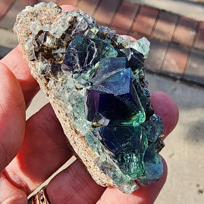 A hand displays a vibrant cluster of Fluorite stones from The Crystalary, specifically sourced from the esteemed Greedy Hog Pocket at the Diana Maria Mine in Co Durham, UK. These crystals exhibit beautiful shades of green and blue with subtle hints of purple on a rough base. Intriguing shadows are cast on the paved surface in the background.