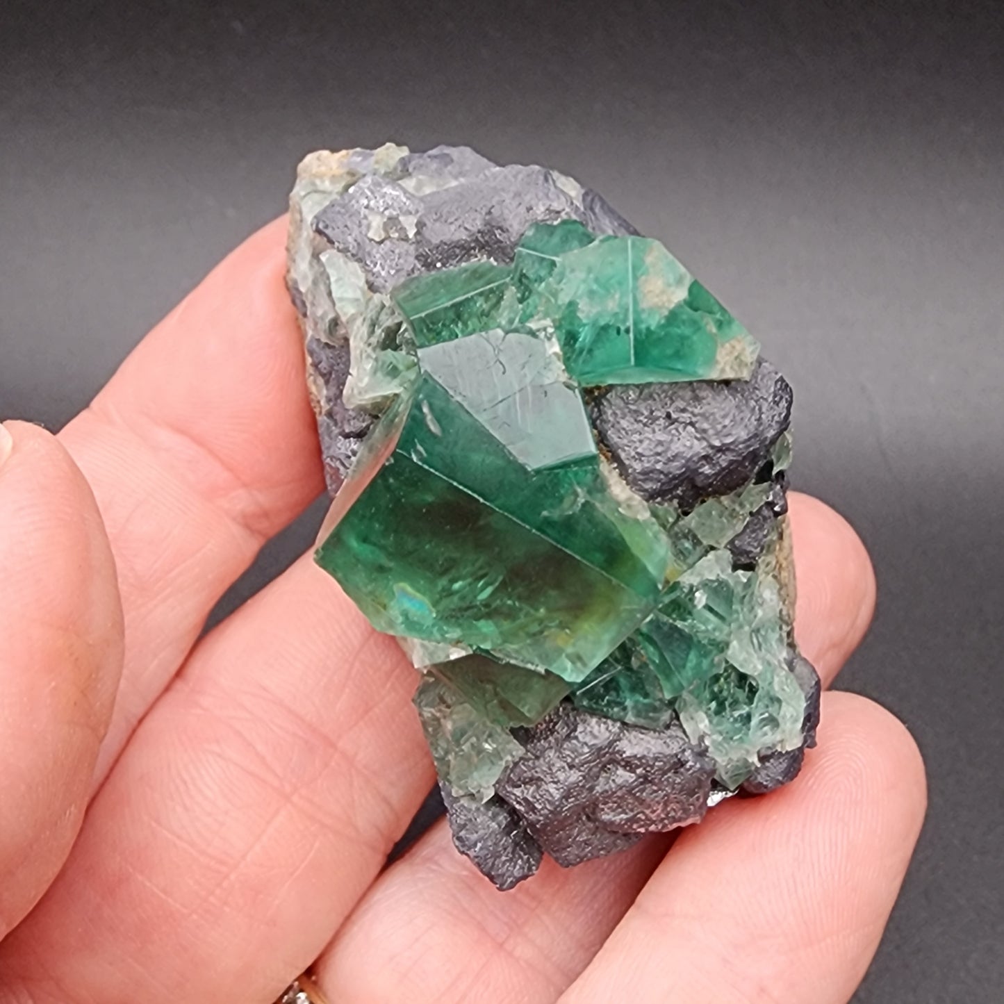 A hand displays a stunning mineral specimen from The Crystalary, featuring large, translucent green fluorite crystals and traces of galena embedded in a matrix of dark, rough rock. This piece is sourced from the Greedy Hog pocket, Diana Maria Mine, Co Durham, UK (SKU 3070), and is set against a black background.