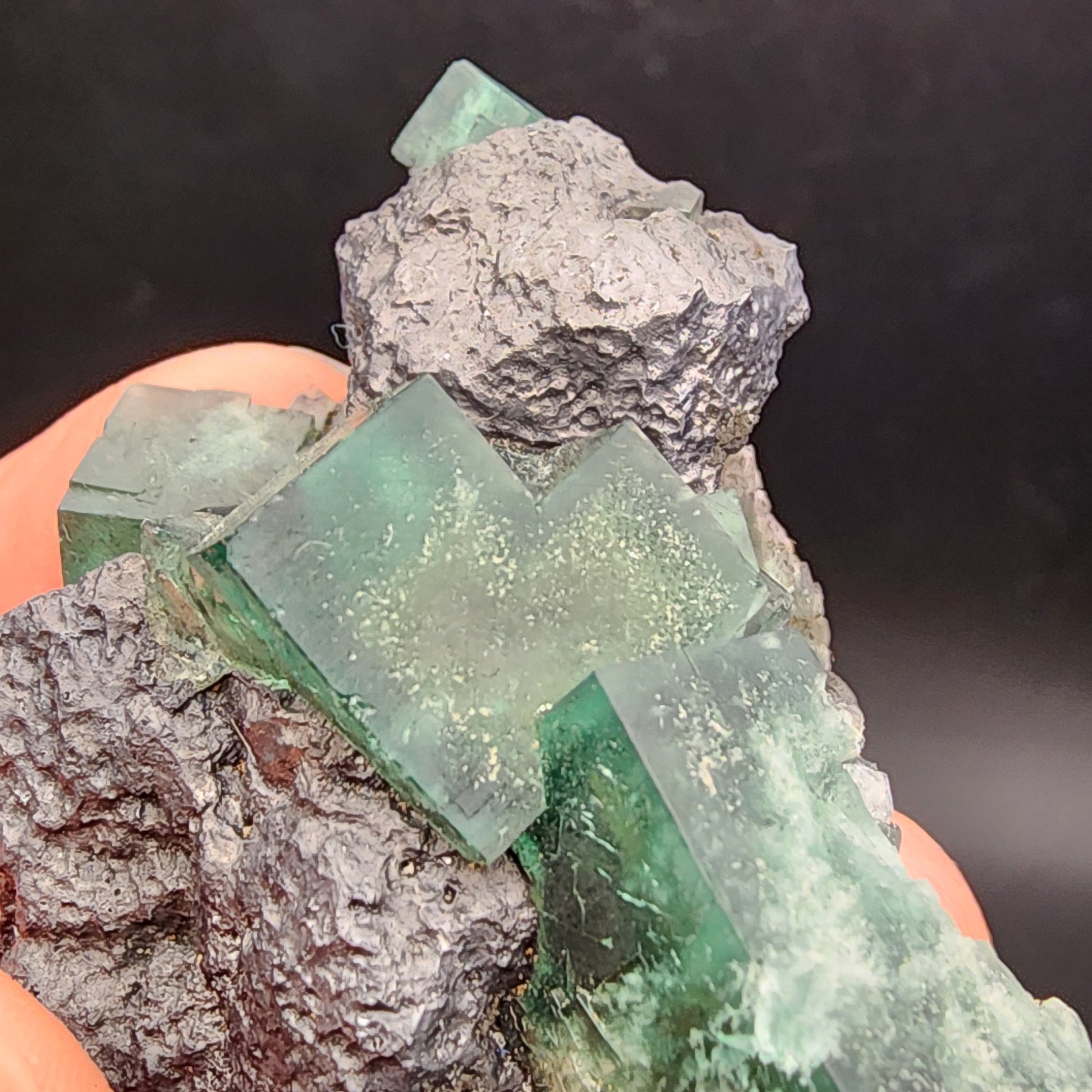 A detailed view of a mineral specimen from The Crystalary features translucent cubic green fluorite crystals with a faint glow, beautifully contrasting against a rough gray matrix. This striking piece, mined in the Greedy Hog Pocket of the Diana Maria Mine, Co Durham, UK (SKU 3068), is known as Fluorite and Galena.