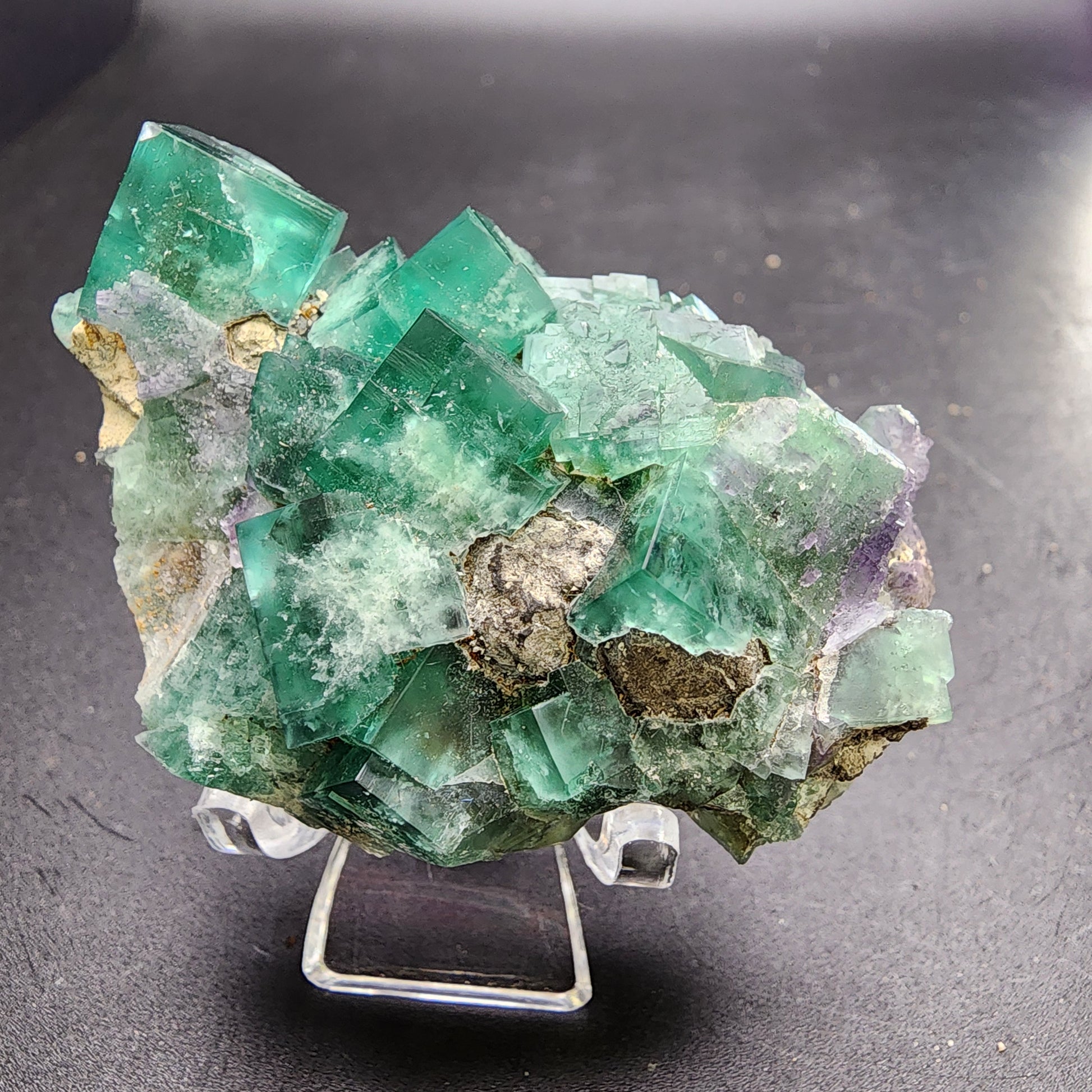 A display of Fluorite and Galena crystals from The Crystalary features a striking blend of clear and deep green shades, partially embedded in a gray rock matrix. These sharp-edged crystals from the Greedy Hog Pocket at the Diana Maria Mine, Co Durham, UK are elegantly presented on a clear stand against a dark background. (SKU: 3067)