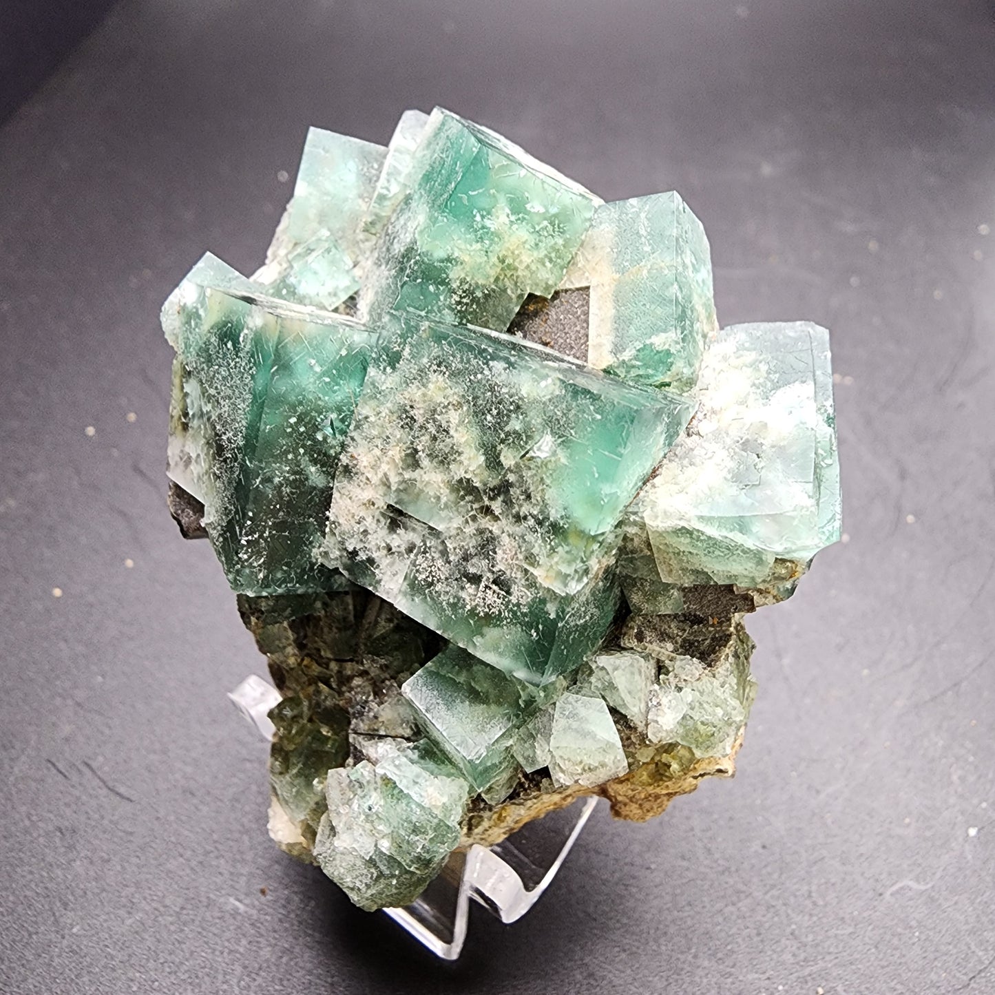 A captivating arrangement of translucent green fluorite crystals in a cubic formation, from The Crystalary's "Fluorite and Galena - Greedy Hog pocket," rests on a dark gray surface. White and gray hints from galena inclusions enrich the piece's rugged natural texture. This striking specimen, supported by a small rock base, hails from the Diana Maria Mine in Co Durham, UK (SKU 3066).