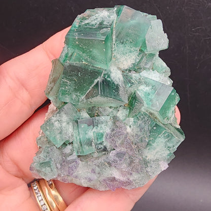 A hand from The Crystalary highlights a cluster of translucent cubic fluorite crystals from the Greedy Hog pocket at the Diana Maria Mine in Co Durham, UK (sku 3063), set against a dark background. The light green gems glint brilliantly as two rings embellish the index finger.