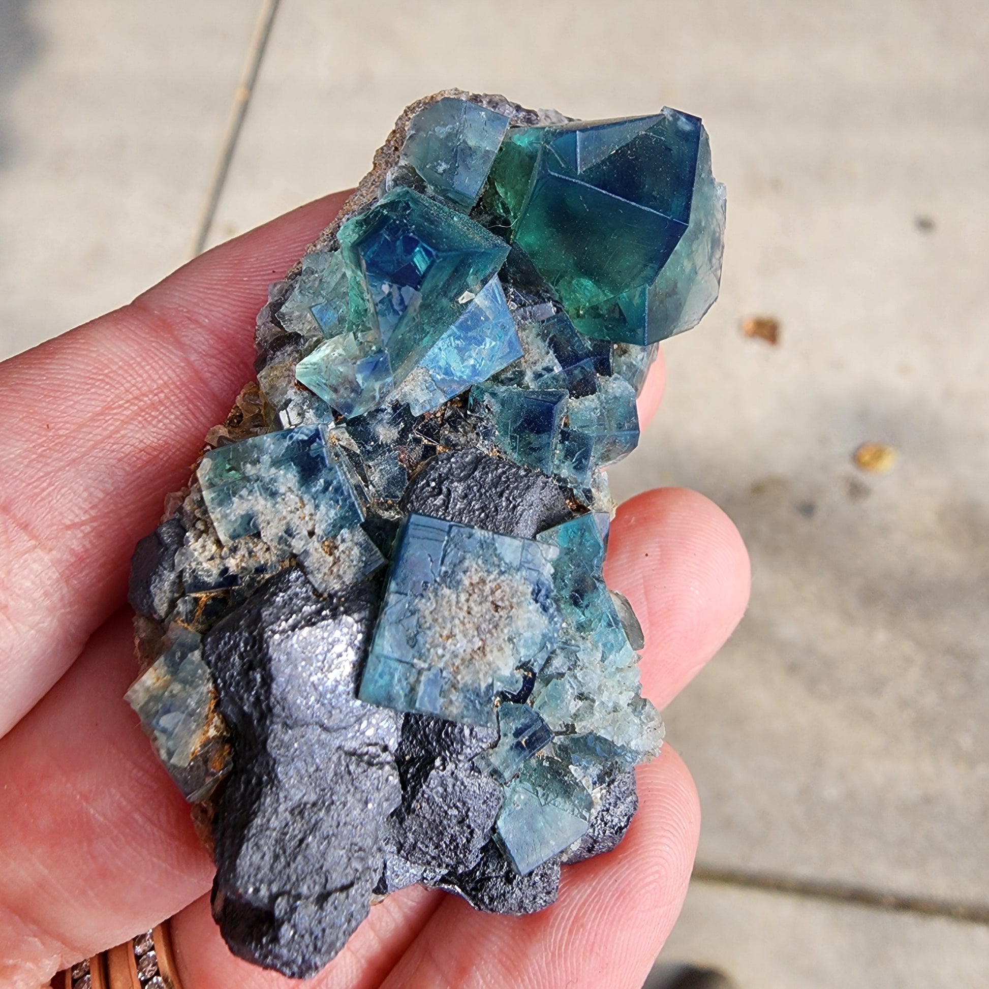 In the natural light outdoors, a hand presents a cluster of blue-green cubic fluorite crystals from The Crystalary. These gems, known for their ethereal translucence and vibrant green hue, rest atop a dark mineral matrix. This stunning specimen is from the Greedy Hog pocket at the Diana Maria Mine in Co Durham, UK (SKU 3062), revealing intricate traces of galena interwoven with the exquisite crystallization.