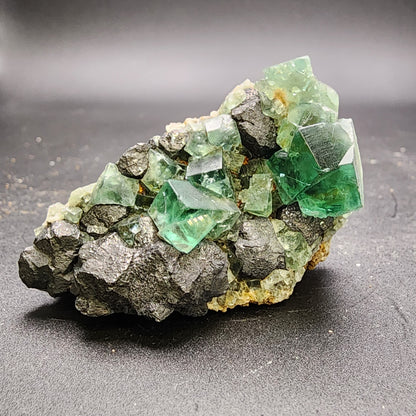 A group of vibrant green, translucent fluorite crystals with dark, rough-textured mineral formations stands out against a smooth, dark background, potentially sourced from the legendary Greedy Hog pocket at the Diana Maria Mine in Co Durham, UK. This exquisite piece is part of The Crystalary's collection under SKU 3058.