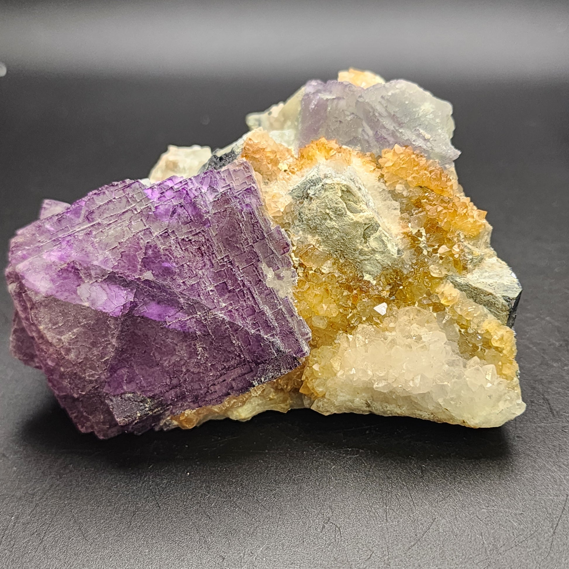 A striking piece from The Crystalary, the Fluorite- Ice Cream Igloo Pocket (sku 3259), features a cluster of rough-textured purple fluorite crystals set on a mixed mineral base with white crystalline formations, beautifully showcasing the exquisite mineralogy of New Mexico against a dark backdrop.