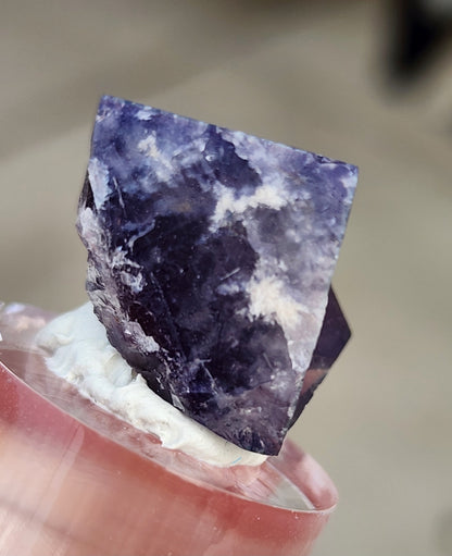 A close-up of a remarkable Fluorite - Yum Yum Pocket crystal from the Diana Maria Mine, featuring hues of white and dark purple. This exquisite piece from The Crystalary, sku122, is elegantly displayed on a small stand against a softly blurred beige background.