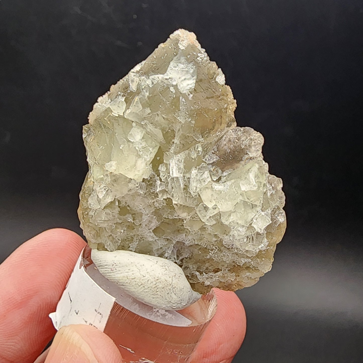 A person holds a pale green, translucent specimen of Fluorite/Quartz from The Crystalary against a black background. This crystalline mineral, sourced from the Hermine Mine in Lissenthan, Nabburg, Schwandorf District, Upper Palatinate, Bavaria, Germany (sku 3081), is elegantly displayed on a clear stand with a white clay-like base.