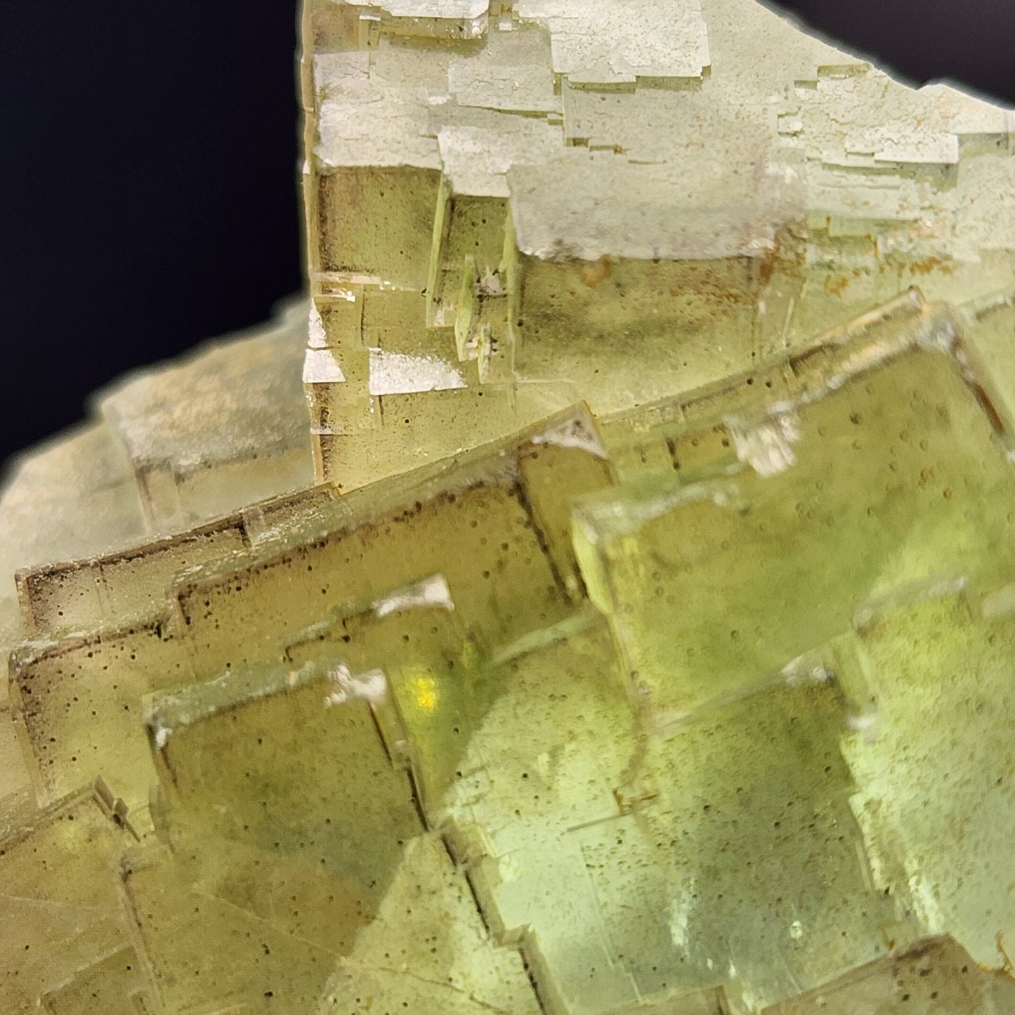 Product image from The Crystalary showcasing a close-up of a cluster of pale yellow, translucent cubic crystals with sharp edges and slight surface imperfections. The tightly packed geometric shapes vary in size against a dark background, enhanced by an exquisite hint of celery green fluorite sourced from the Cäcilia Mine in Freiung, Stulln, Schwandorf District, Upper Palatinate, Bavaria, Germany.