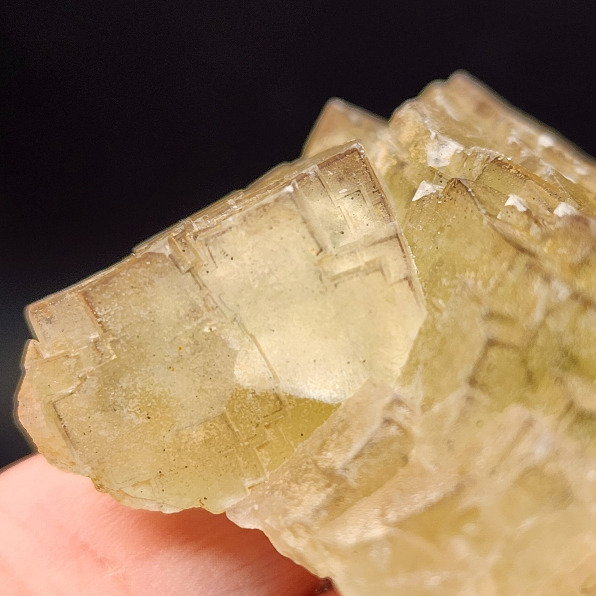 Close-up of a light yellow translucent mineral, potentially celery green fluorite, highlighting its natural geometric crystal formations and sheen. This Fluorite- Cäcilia Mine, Freiung from The Crystalary exhibits intricate layered structures against a blurred dark background, reminiscent of minerals found in the Schwandorf District, Upper Palatinate, Bavaria, Germany.