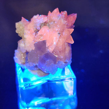 The Crystalary's vibrant Quartz v. Amethyst, Calcite from the Tonglushan Mine (sku 3101) features pinkish-red calcite crystals on a clear base against a dark background, creating a glowing effect.