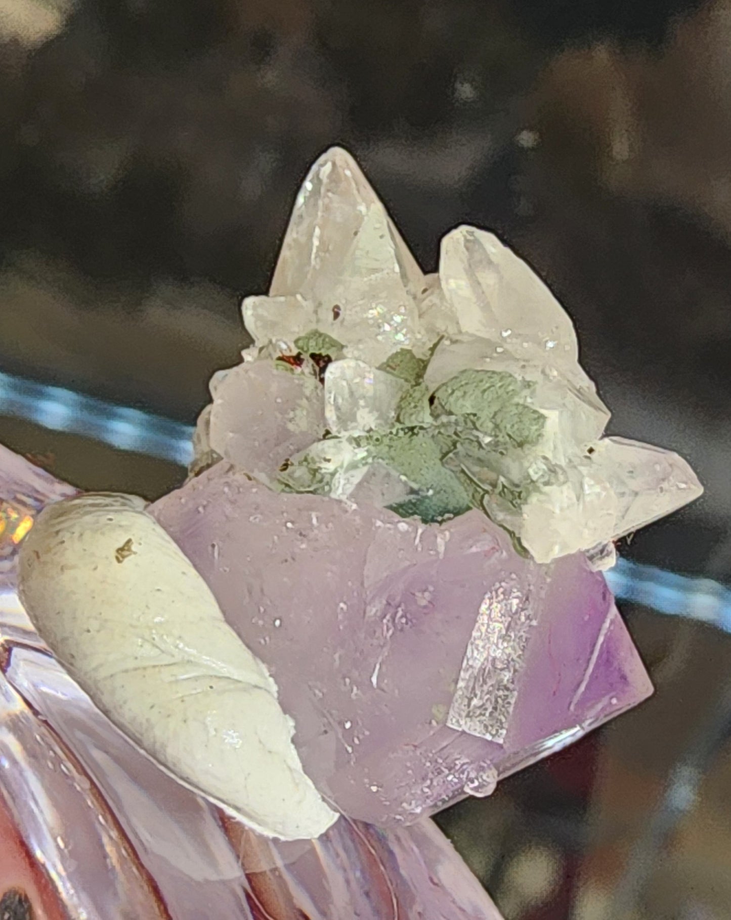 A cluster of clear and purple crystals, part of The Crystalary's Quartz v. Amethyst, Calcite collection (sku 3103), is shown with greenish mineral inclusions. Sharp ends glisten against a blurred background, highlighting their translucent qualities from the Tonglushan Mine in Hubei Province, China.