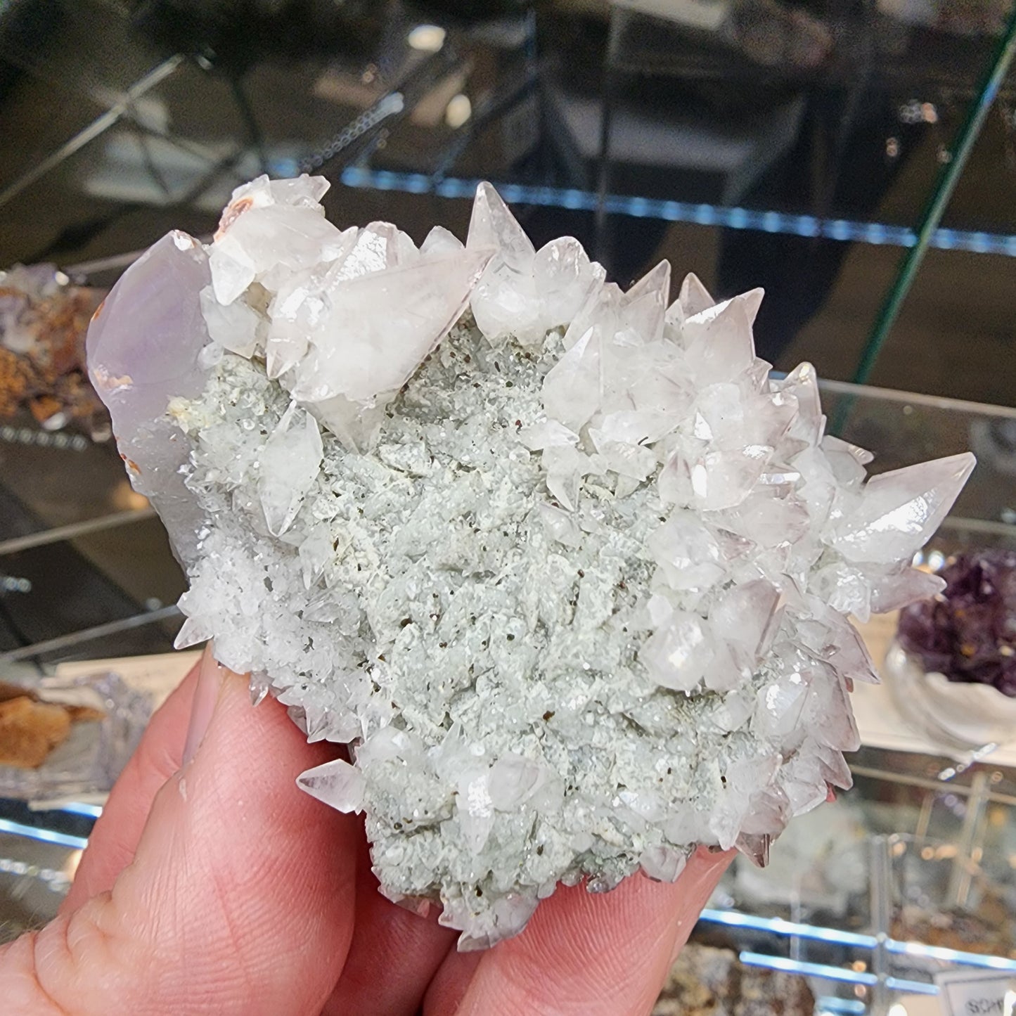 A close-up of fingers holding various-sized quartz crystals, sourced from Tonglushan Mine, highlights their dull, grayish base as treasures like Quartz v. Amethyst and Calcite by The Crystalary glimmer softly on a display shelf. SKU: 3105.