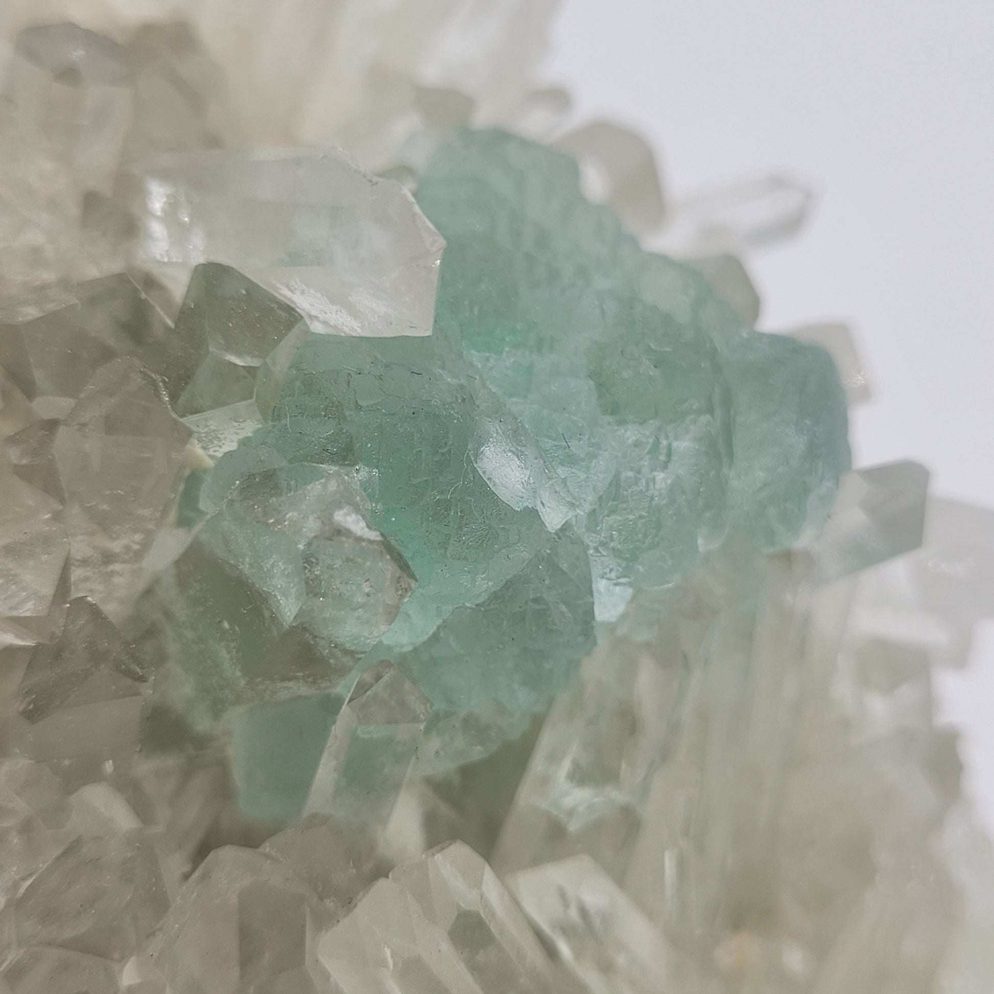 A close-up of The Crystalary's Fluorite with Quartz SKU 801 from Huayllapon Mine, Peru shows a minty green cluster with clear facets. Light shimmers off the surfaces, while a softly blurred background highlights the intricate crystalline structures in their matrix.