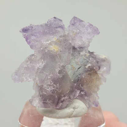 A cluster of jagged translucent purple crystals from The Crystalary's Fluorite collection (Huallanca, Ancash, Peru, sku 802) reflects light delicately against a plain background. The specimen rests on an acrylic base showcasing its natural form with varying shades of purple.