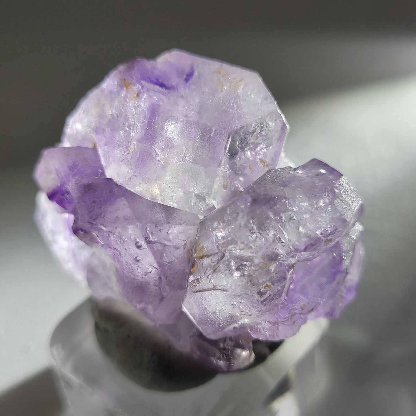 The Crystalary's Fluorite from Huallanca, Ancash, Peru (sku 804) showcases a close-up of light purple crystals. Soft lighting emphasizes their transparent and faceted look against a neutral backdrop.