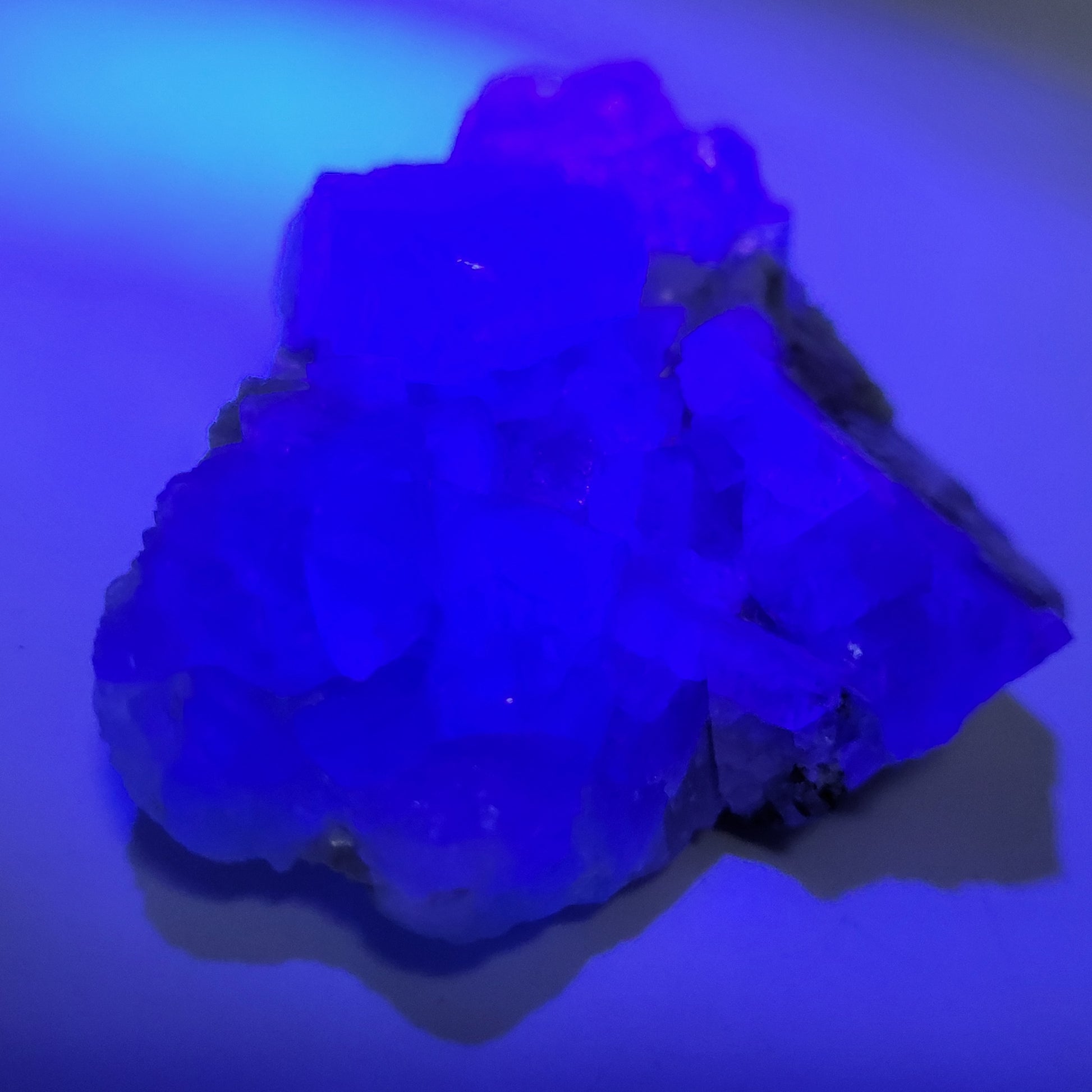 A vibrant blue and minty green fluorite from The Crystalary's El Papiol collection in Catalunya, Spain, sku 805, softly glows under ultraviolet light, beautifully highlighting its intricate crystalline structure.