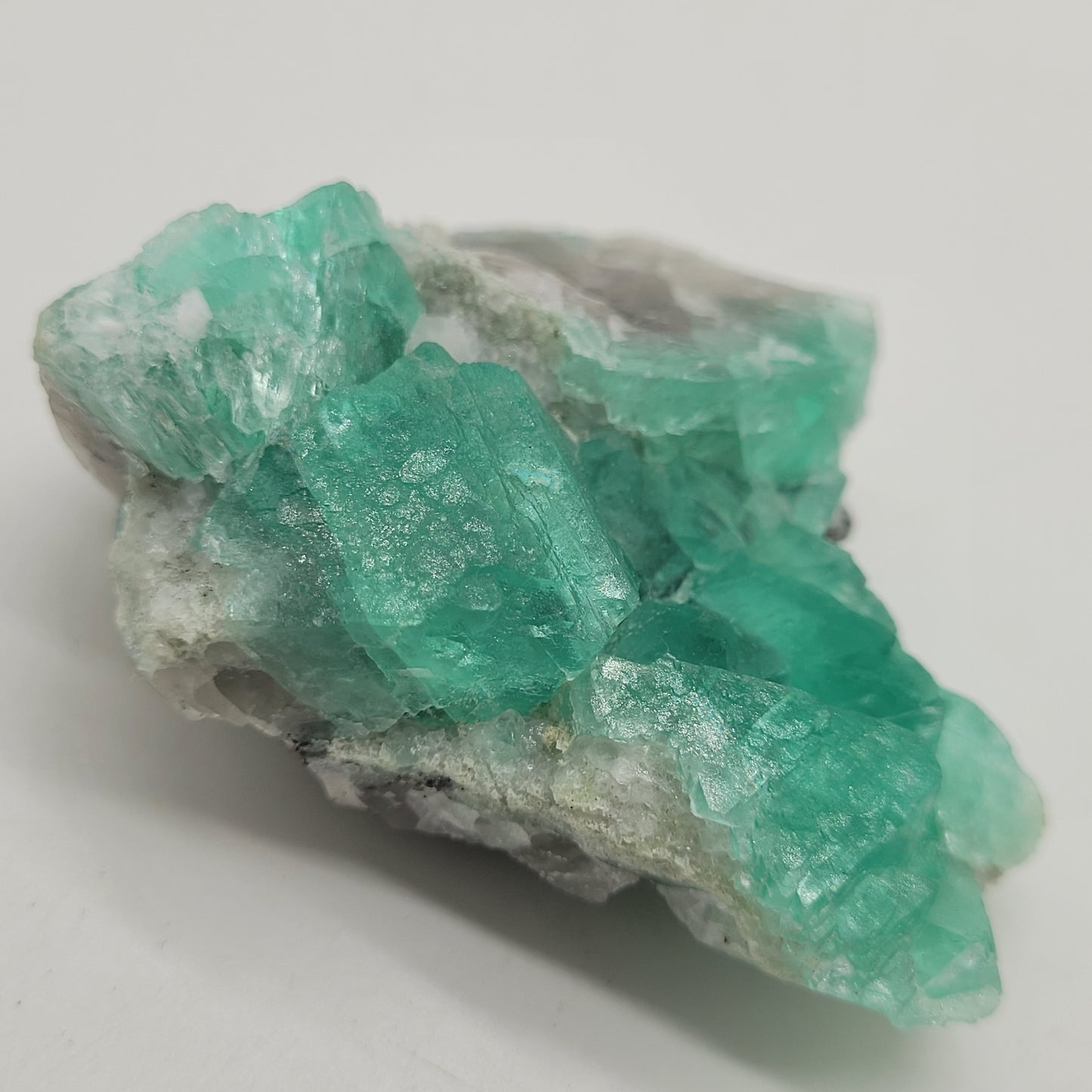 A cluster of minty green fluorite crystals with a translucent appearance and layered texture is embedded in rough grayish-white rock, originating from El Papiol, Sant Cugat del Valles, Catalunya, Spain. Displayed against a white background. Product SKU: 805 by The Crystalary.