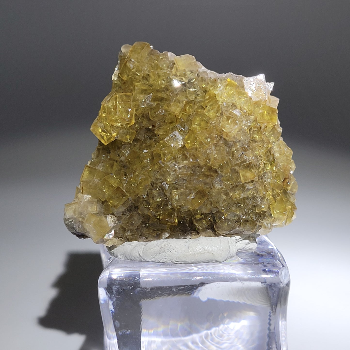 The Crystalary's Fluorite from Moscana Mine, El Ponton de Solis captures attention with its honey yellow cubic crystals. Displayed elegantly on a clear stand, SKU 809's intricate surface texture dazzles under the light against a neutral background, captivating all who view it.