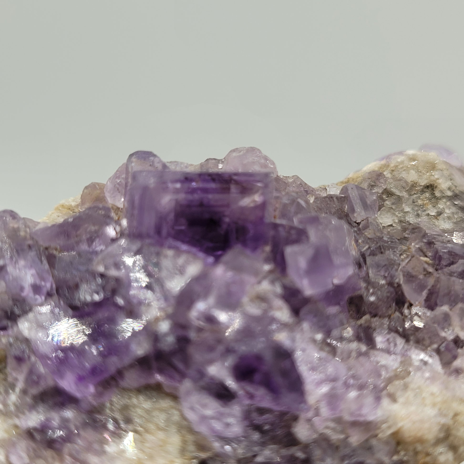 A close-up of a Fluorite crystal cluster from The Crystalary (Berbes, Ribadesella, Asturias, Spain, SKU 813) showcases sharp-edged cubic formations in varying shades of purple. Nestled on a rocky base, its translucent beauty is highlighted by a softly blurred background.