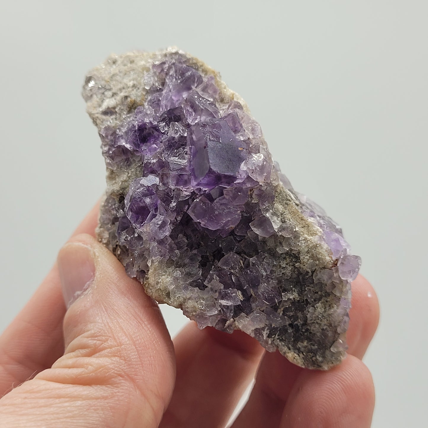 A hand displays a Fluorite crystal from Berbes, Spain (sku 813) by The Crystalary. Its purple and translucent hues stand out against a light brown rock matrix, set against a plain, neutral background.