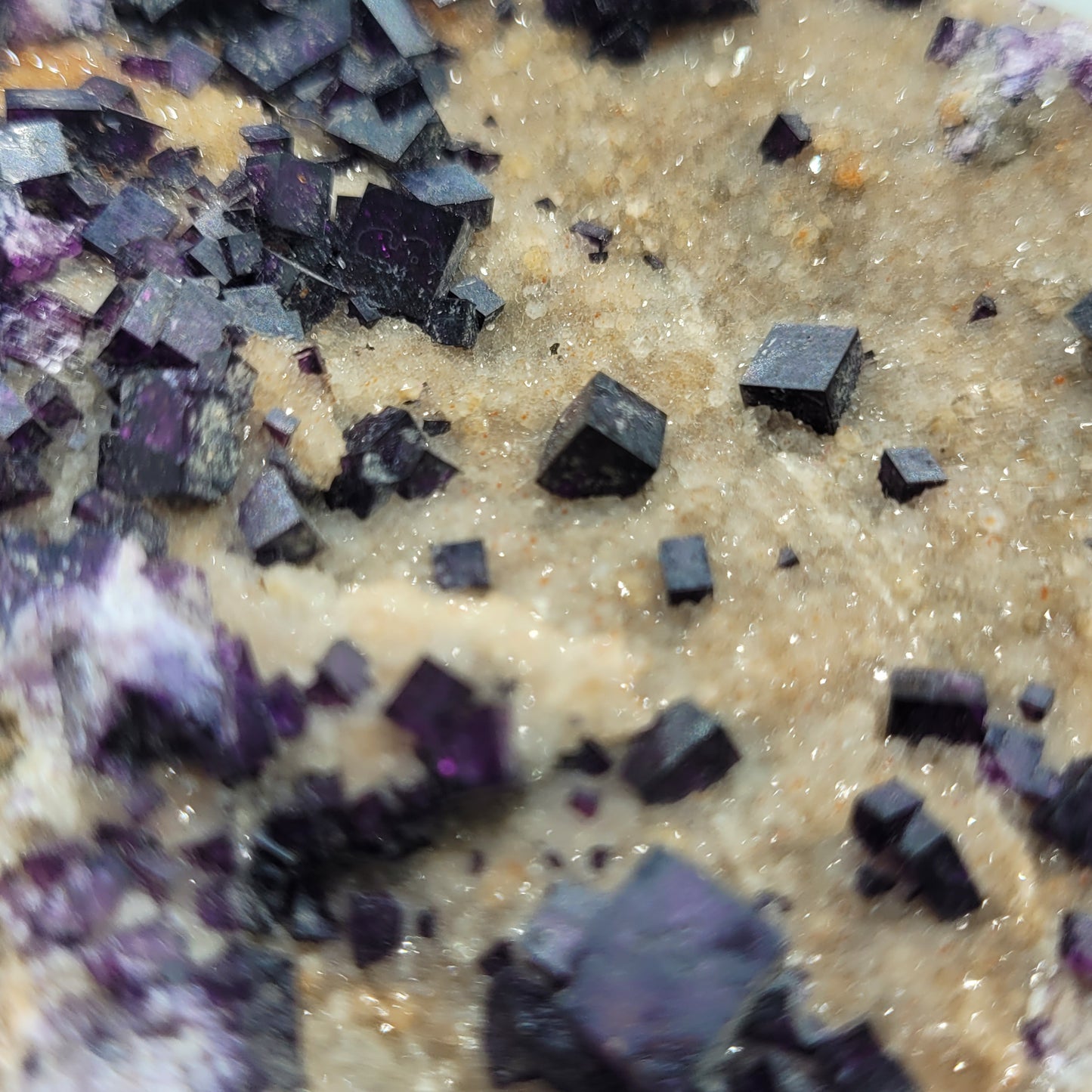 A close-up of The Crystalary's Fluorite cubes from Highway 17 Roadcut, Rossport; these dark purple crystals (sku 814) lie on a beige sandy surface. Their varied sizes and slight reflectiveness create a textured, intricate pattern against the background.