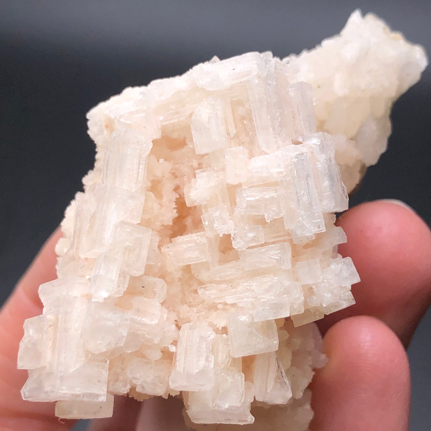 A hand holds a cluster of The Crystalary's AUCTION- Halite from an unknown locality, featuring white crystalline structures with a textured surface. The translucent crystals display an isometric cubic formation, resembling layered rectangles against a neutral background.