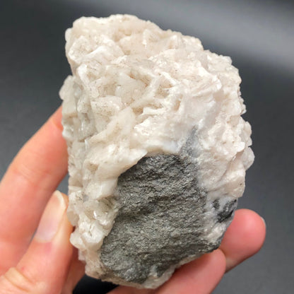 A hand holding The Crystalary's Dolomite & Calcite from Thunder Bay, Ontario, Canada is showcased against a plain, dark background. This mineral specimen features dazzling white calcite crystalline formations alongside a rugged dark patch characteristic of Thunder Bay's geological landscape.